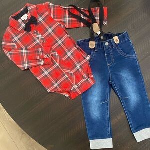 Plaid onsie with Jeans and suspenders